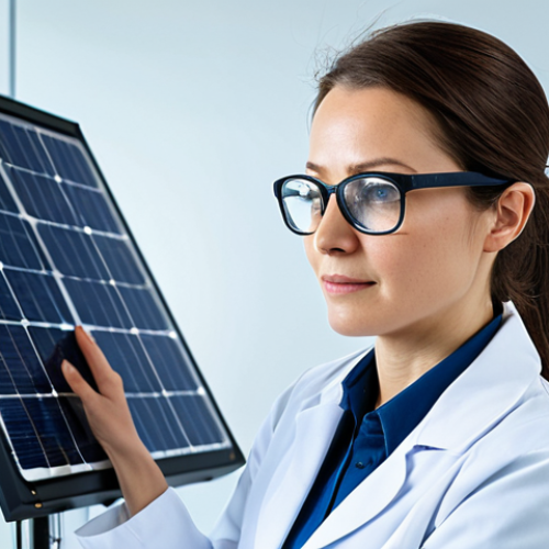 Home 4 **
A professional female engineer, fully clothed in a lab coat and safety glasses, inspecting a silicon solar panel in a brightly lit, modern research lab. Appropriate attire, safe for work, perfect anatomy, natural proportions, high resolution, professional photography.
**