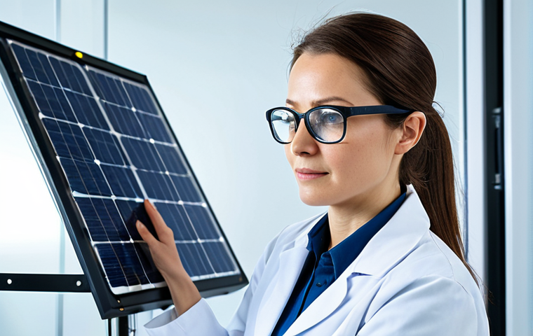 **

A professional female engineer, fully clothed in a lab coat and safety glasses, inspecting a silicon solar panel in a brightly lit, modern research lab. Appropriate attire, safe for work, perfect anatomy, natural proportions, high resolution, professional photography.

**