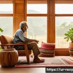 Home 16 친환경 건축 소재 소개 - A cozy, eco-friendly interior living room scene showcasing natural wood furniture and wooden wall pa...