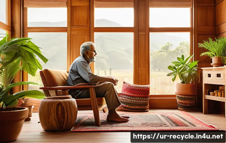 친환경 건축 소재 소개 - A cozy, eco-friendly interior living room scene showcasing natural wood furniture and wooden wall pa...