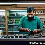 Home 15 전자제품 재사용 가능한 부품 - A detailed, realistic scene of a small electronics repair shop in Karachi, Pakistan, showcasing shel...
