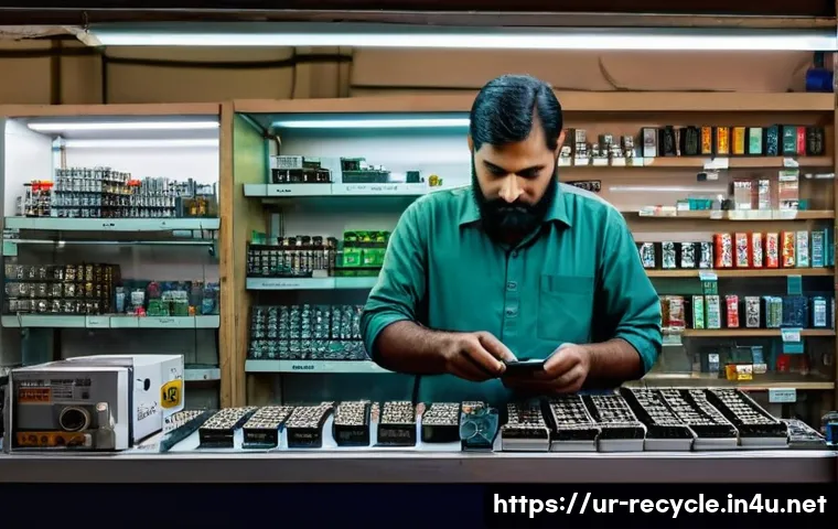 전자제품 재사용 가능한 부품 - A detailed, realistic scene of a small electronics repair shop in Karachi, Pakistan, showcasing shel...