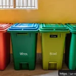 Home 14 올바른 분리수거 습관 - A vibrant and clean Pakistani household kitchen scene showing three color-coded waste bins labeled i...