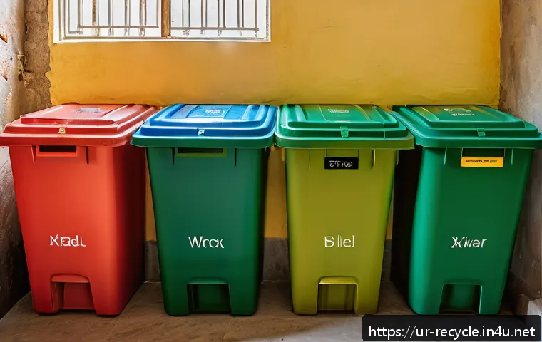 올바른 분리수거 습관 - A vibrant and clean Pakistani household kitchen scene showing three color-coded waste bins labeled i...