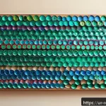 Home 19 플라스틱 병뚜껑 활용 - A vibrant wall art installation made from colorful plastic bottle caps arranged in an intricate geom...