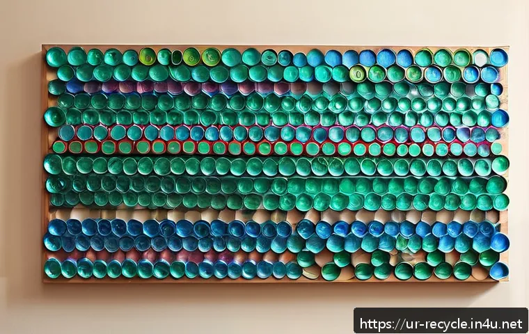 플라스틱 병뚜껑 활용 - A vibrant wall art installation made from colorful plastic bottle caps arranged in an intricate geom...